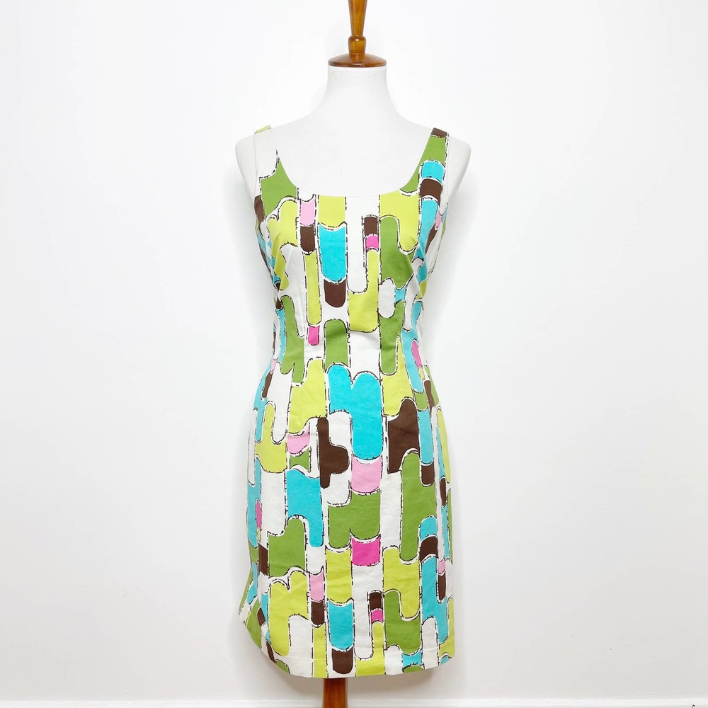 ITW By Claude Brown Green Abstract Tie Waist Dress